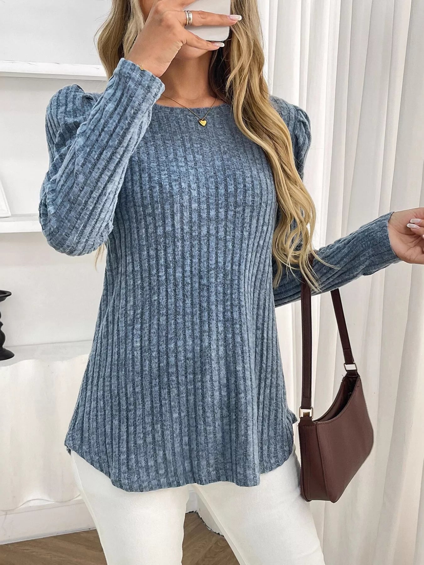Round Neck Puff Sleeve T-Shirt - Be Bliss Boutique