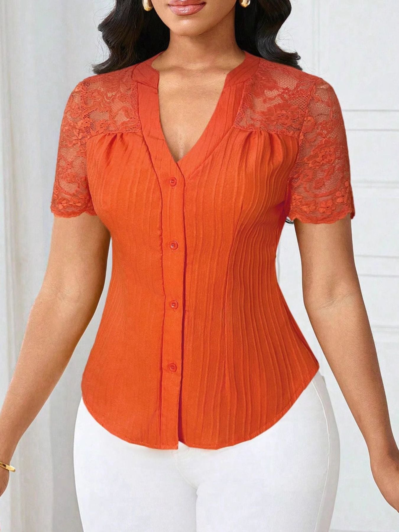 Button Up Lace Sleeve Blouse - Be Bliss Boutique