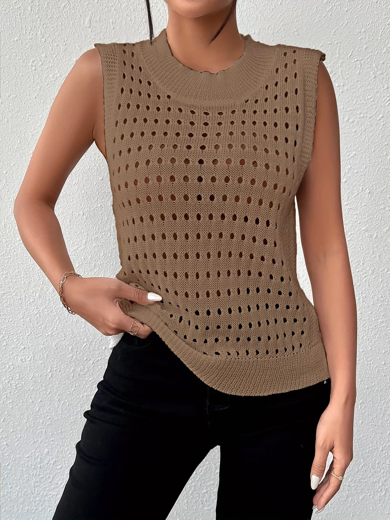 Hollow Out Round Neck Knit Tank -  Be Bliss Boutique