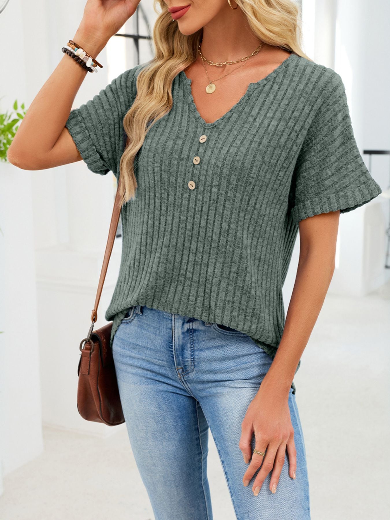 Women's Ribbed Knit Button V Neck Short Sleeve T Shirt - Be Bliss Boutique