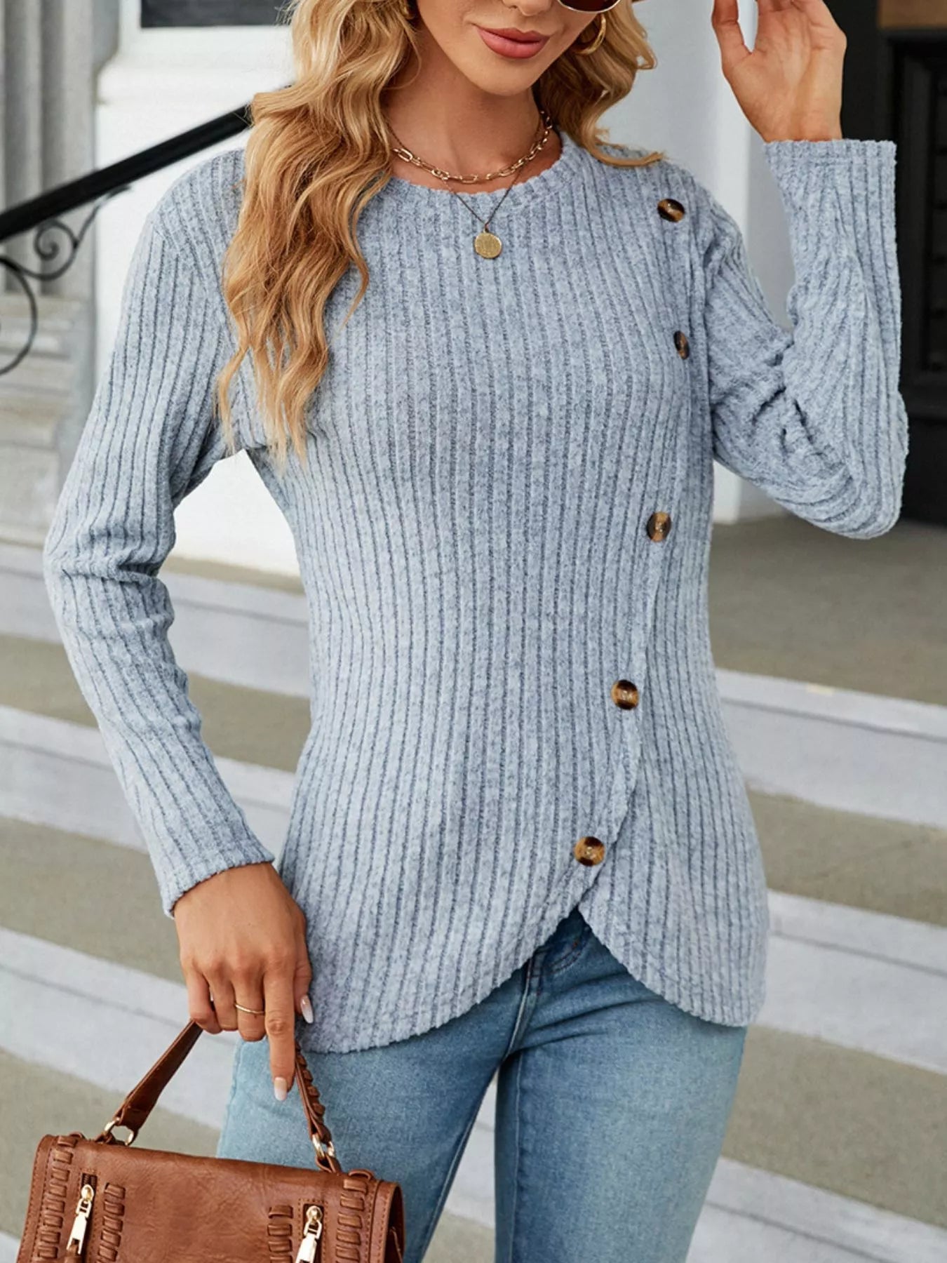 Ribbed Knit Decor Button T-Shirt -  Be Bliss Boutique