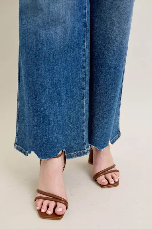 Judy Blue Full Size High Waist Tummy Control Chew Hem Destroy Wide Jeans Plus Size - Be Bliss Boutique