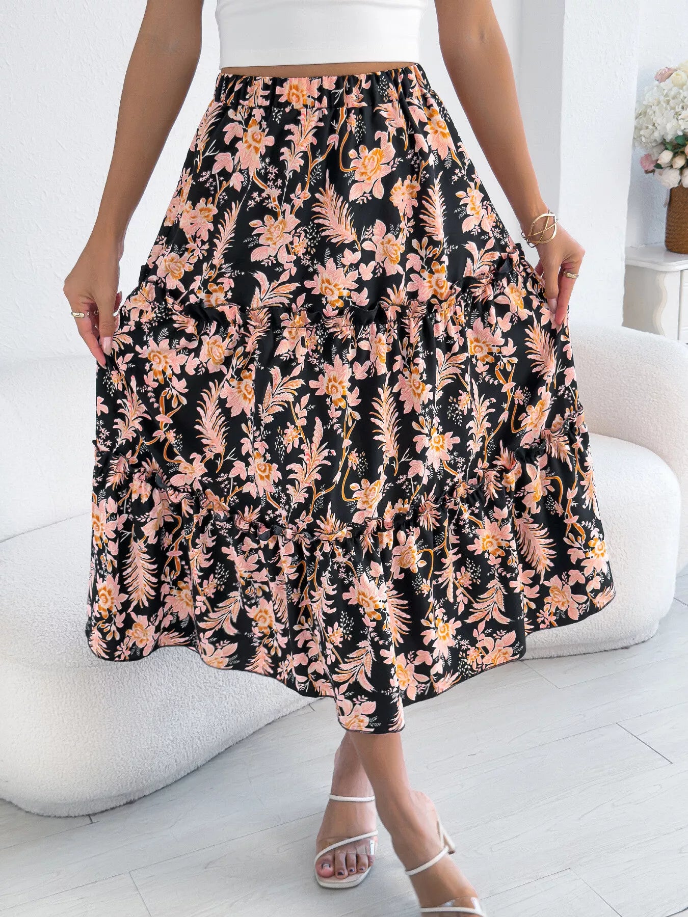 Floral Print Ruffle Hem Flowy Midi Skirt - Be Bliss Boutique