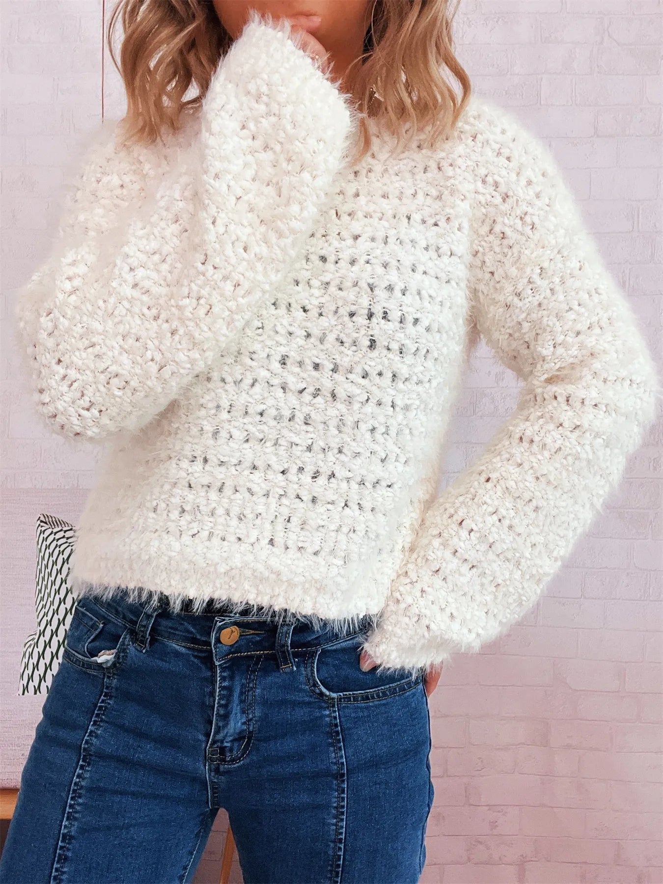 Crochet Dropped Shoulder Round Neck Sweater -  Be Bliss Boutique
