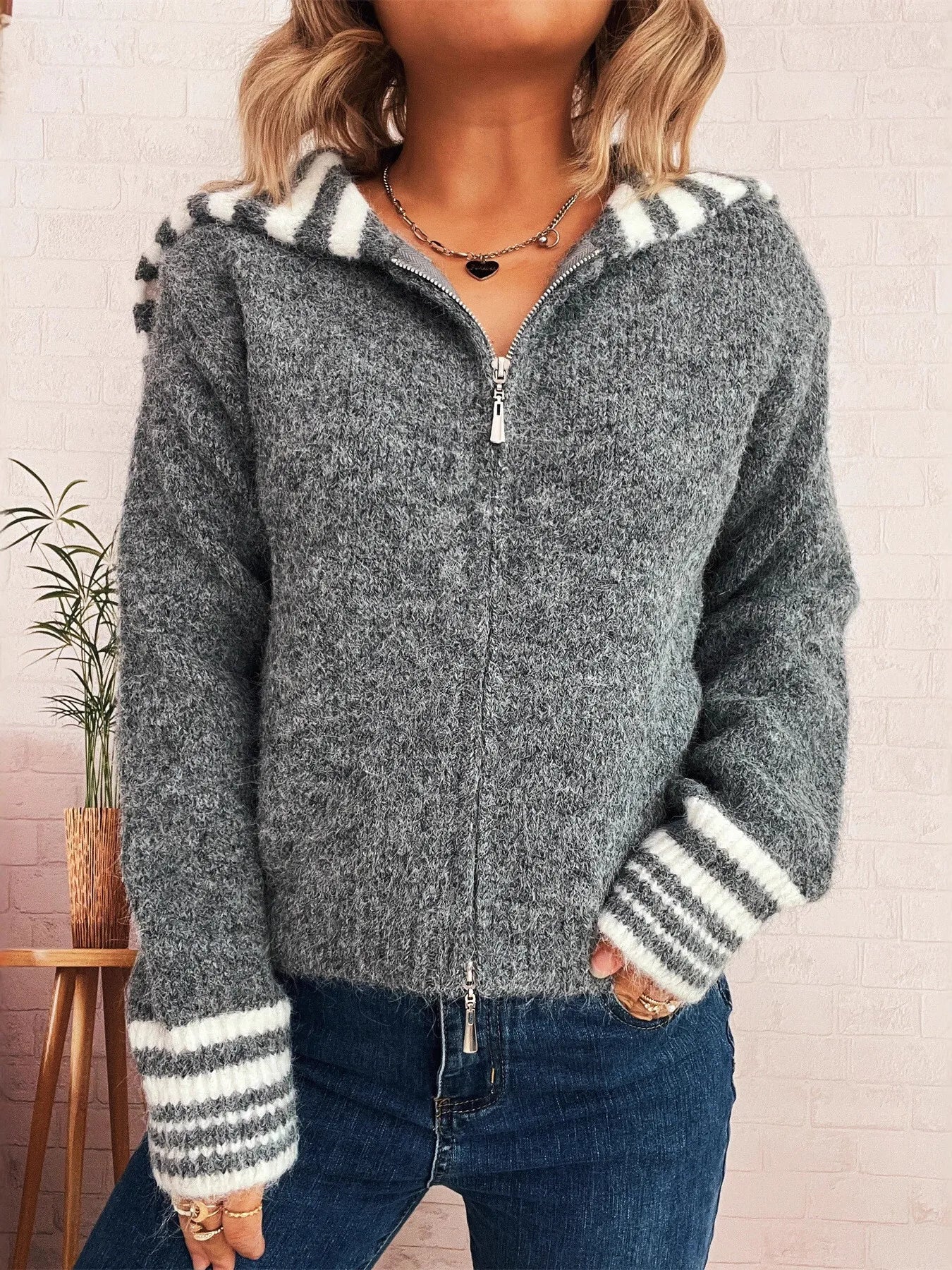 Striped Zip-Up Cardigan -  Be Bliss Boutique