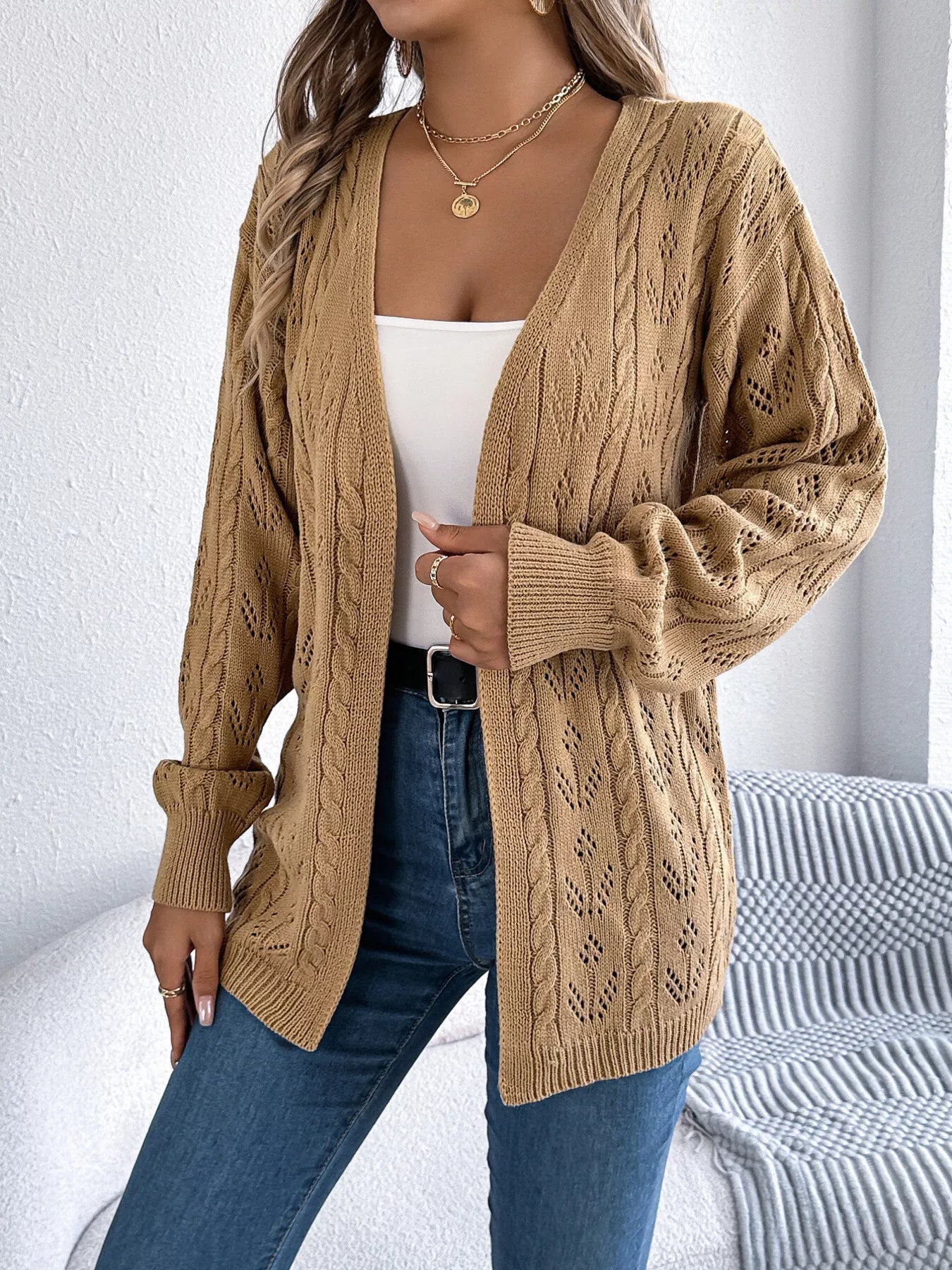 Openwork Open Front Long Sleeve Cardigan - Be Bliss Boutique
