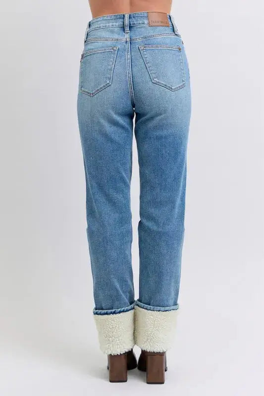 Judy Blue Full Size/Plus Size High Waist Shearling Cuff Straight Leg Jeans |  Be Bliss Boutique