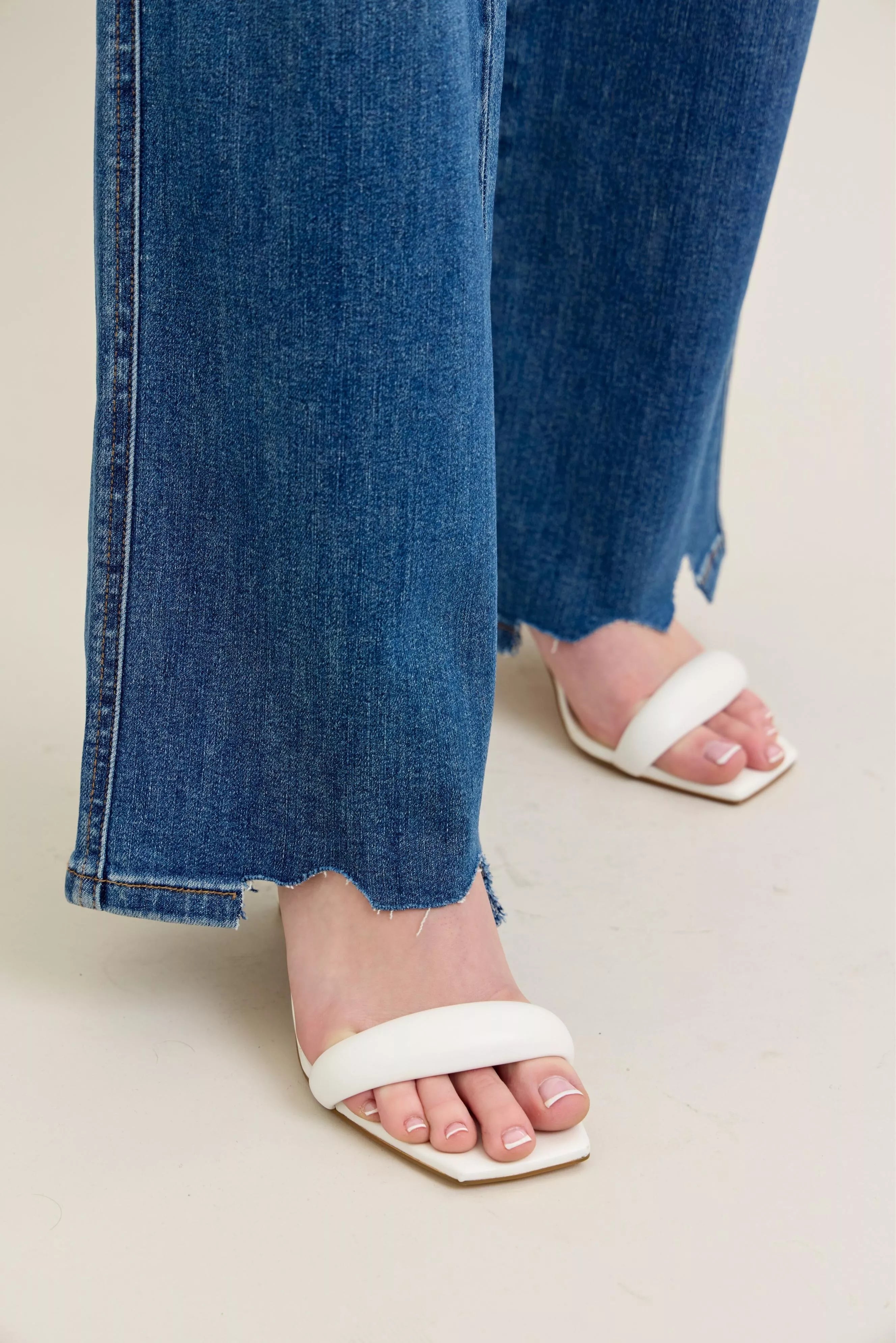 Judy Blue Full Size High Waist Tummy Control Chew Hem Destroy Wide Jeans Plus Size - Be Bliss Boutique
