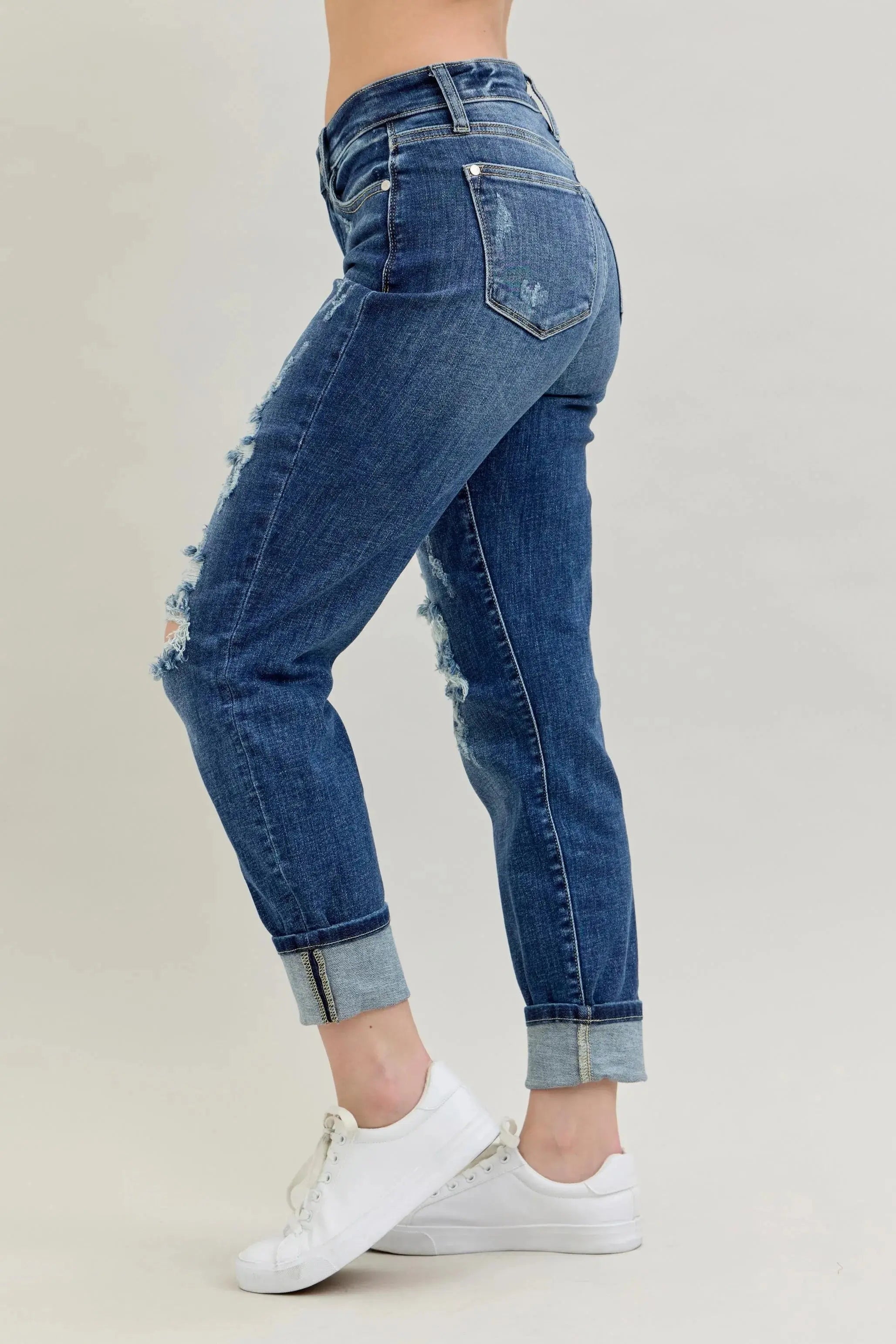 Judy Blue Full Size / Plus Size Mid Rise Cuffed Destroy Boyfriend Jeans |  Be Bliss Boutique