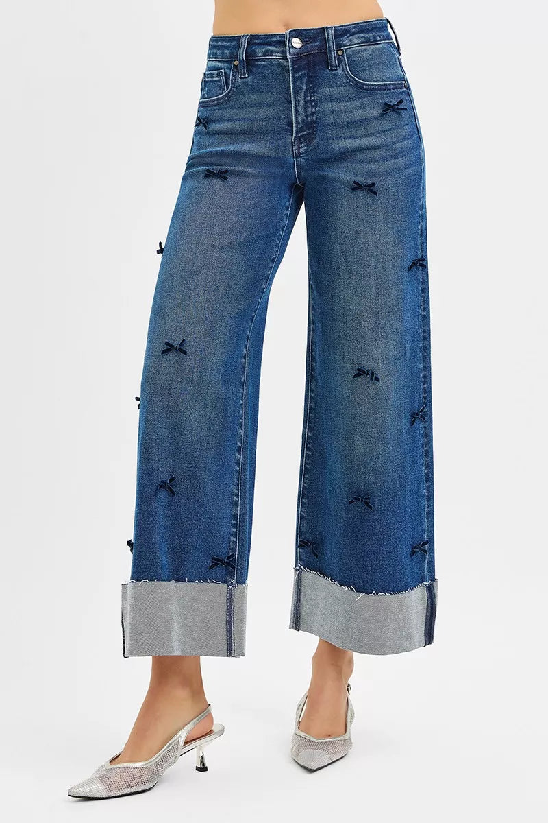 RISEN High Rise Crop Wide Leg Ribbon Detail Jeans - Be Bliss Boutique