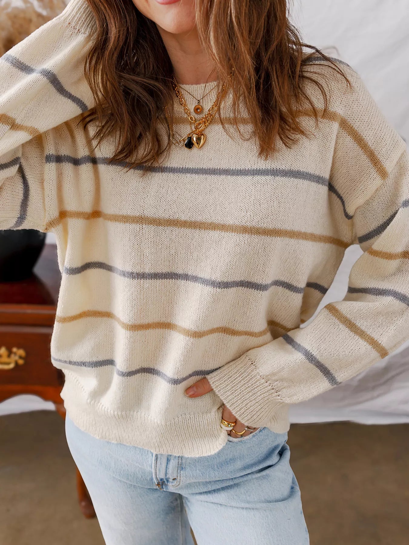 Stripe Striped Ribbed Edge Drop Shoulder Sweater -  Be Bliss Boutique