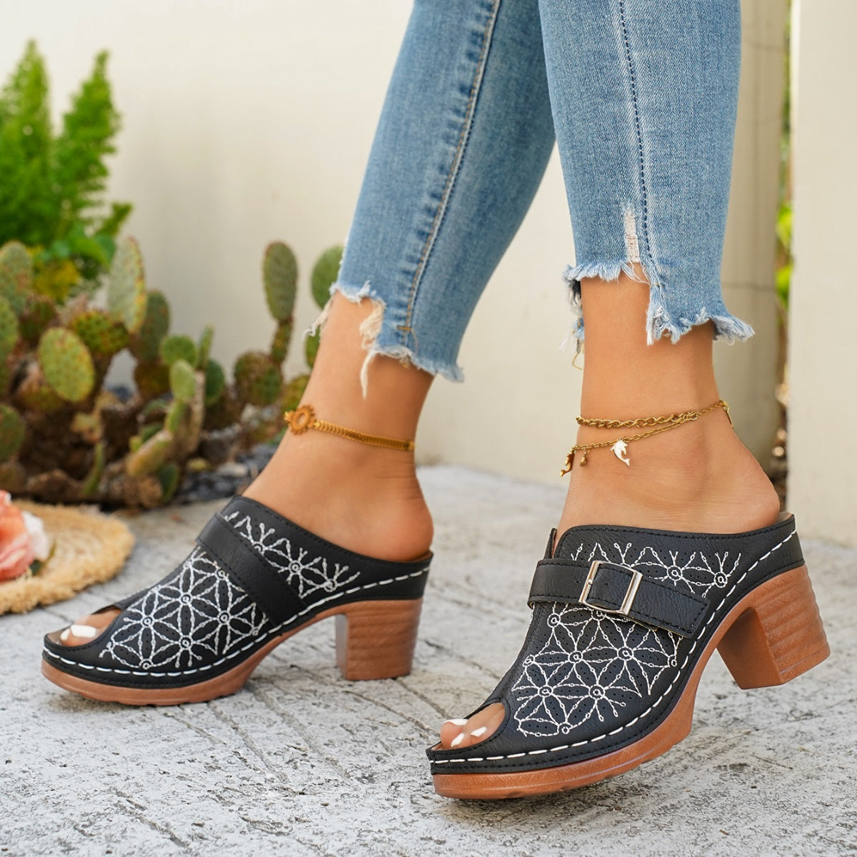 Buckle Decor Block Heel Sandals - Be Bliss Boutique