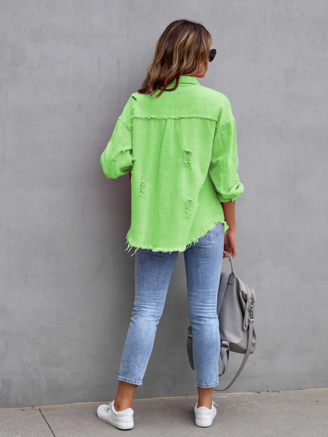Distressed Drop Shoulder Denim Jacket - Be Bliss Boutique