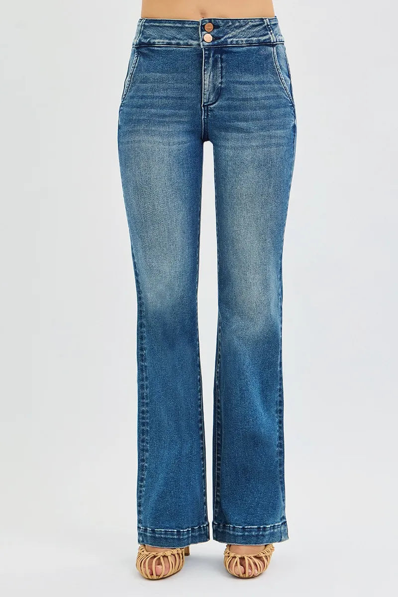 RISEN Full Size Tummy Control High Rise Bootcut Jeans with Double Button Waistband Plus Size -  Be Bliss Boutique