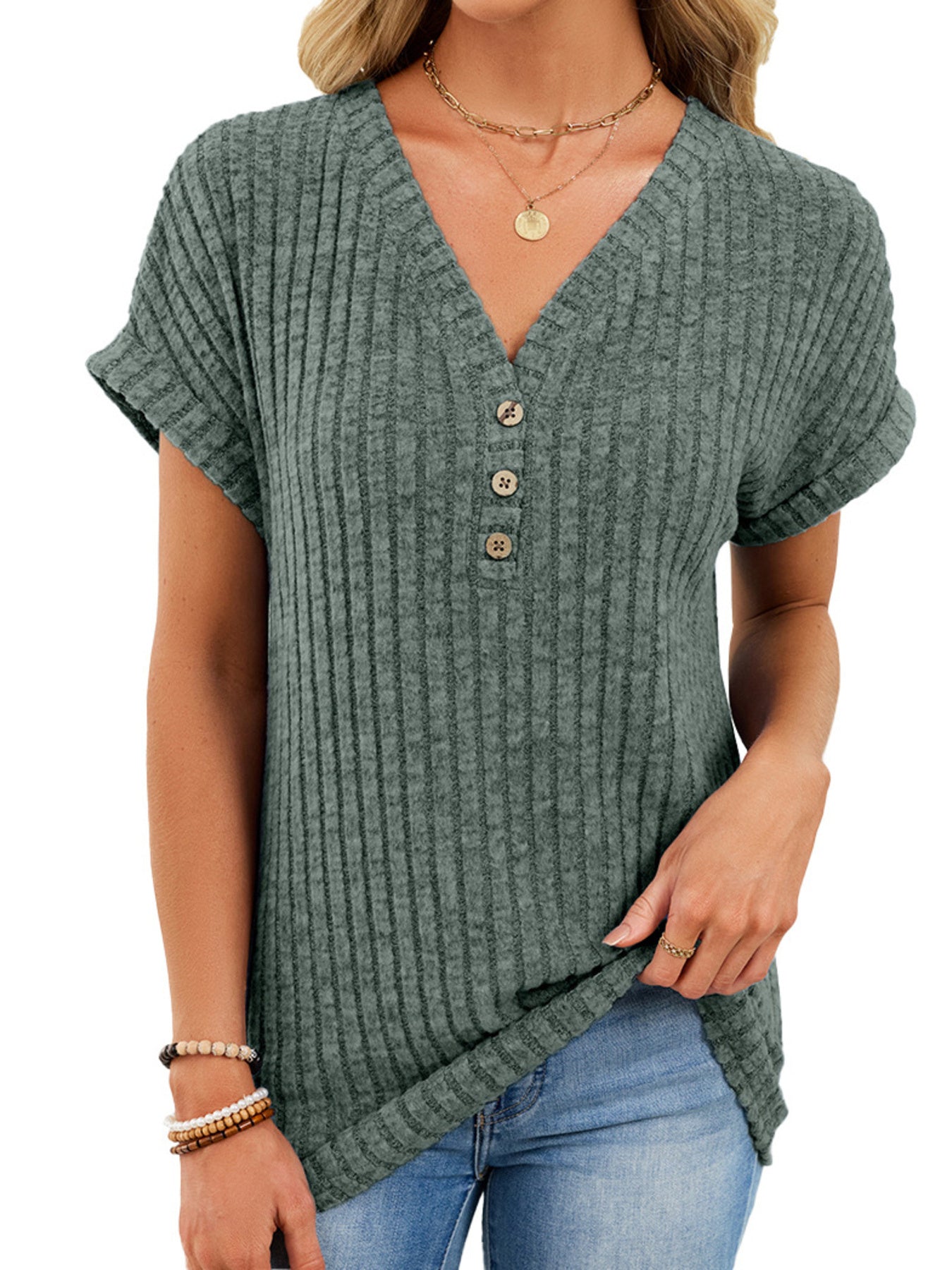 V Neck Ribbed Knit T Shirt - Be Bliss Boutique
