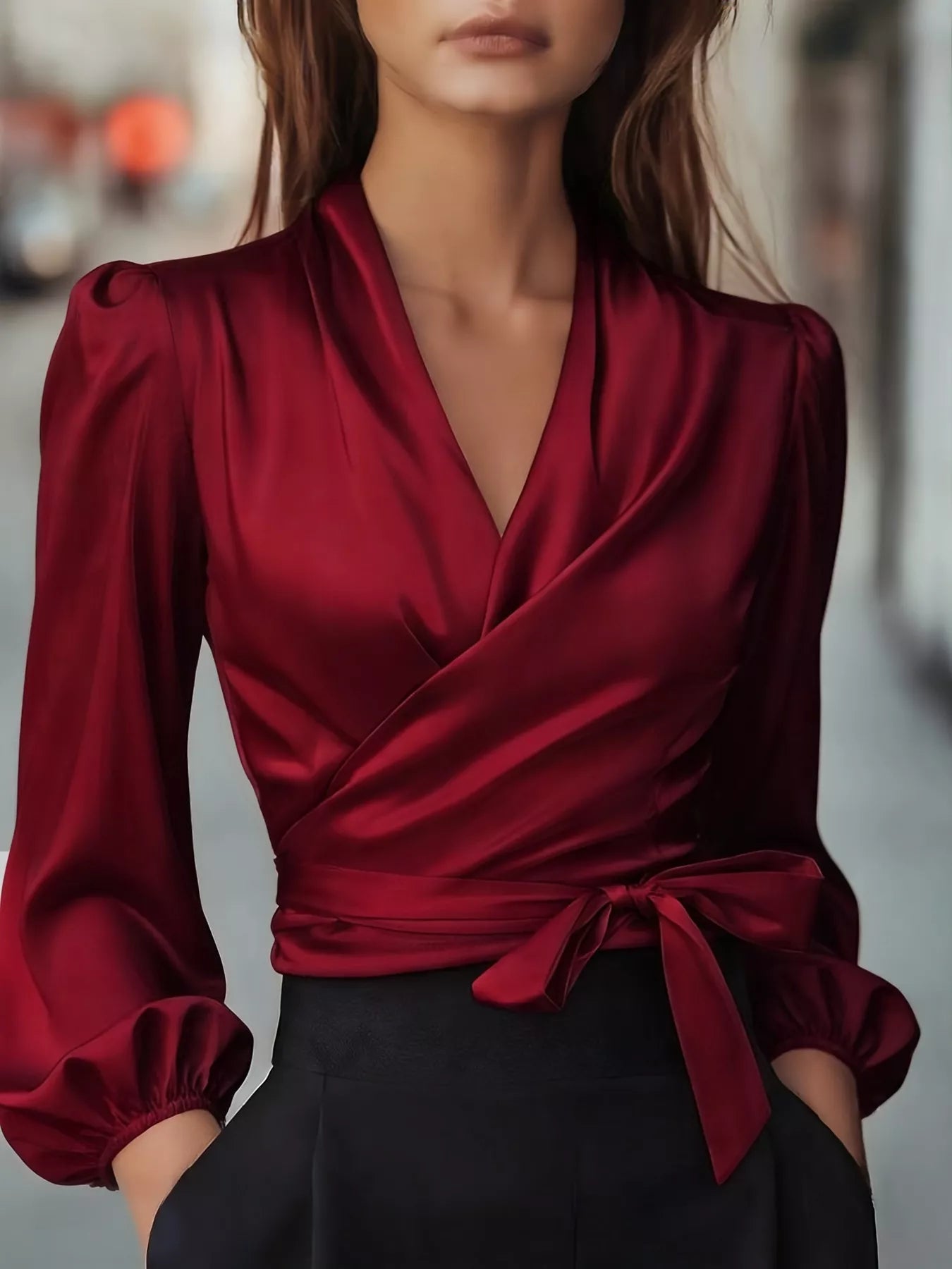 Satin Tied Balloon Sleeve Blouse - Be Bliss Boutique