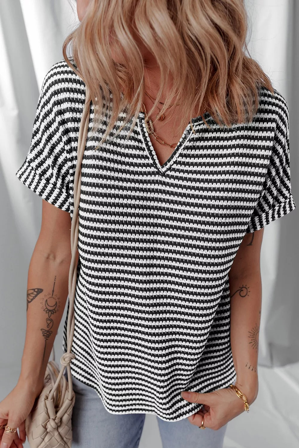Stripe Textured Knit Notched Neck Cuffed Short Sleeve Shirt - Be Bliss Boutique