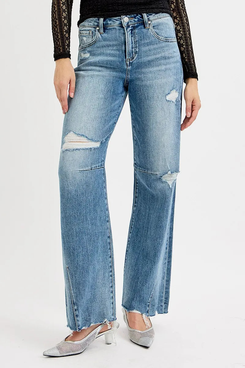 RISEN Full Size Mid Rise Fit Wide Baggy Leg Tie Washed Jeans Plus Size -  Be Bliss Boutique