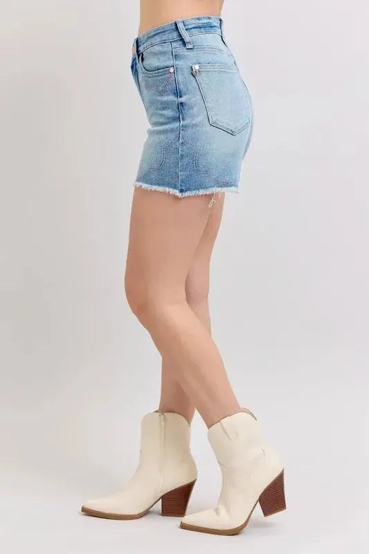 Judy Blue Full Size/Plus Size High Waist Western Embroidery Detail Cut Off Denim Shorts | Be Bliss Boutique