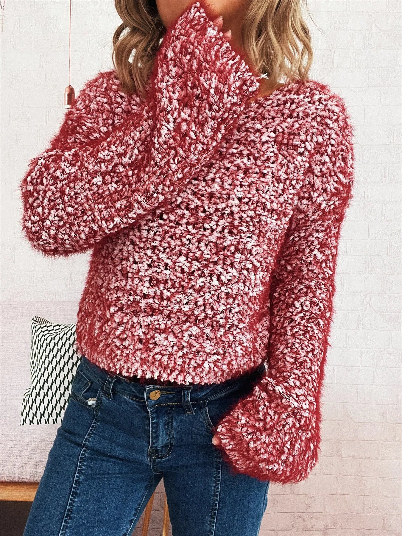 Crochet Dropped Shoulder Round Neck Sweater -  Be Bliss Boutique