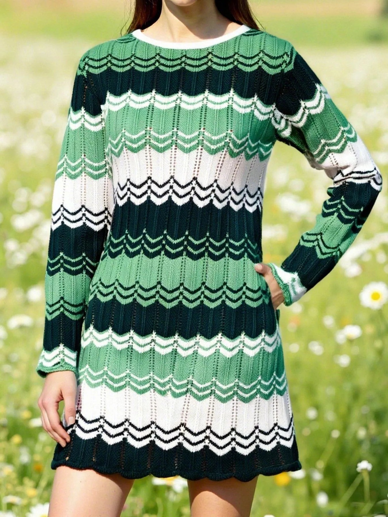 Openwork Wave Pattern Long Sleeve Sweater Dress -  Be Bliss Boutique