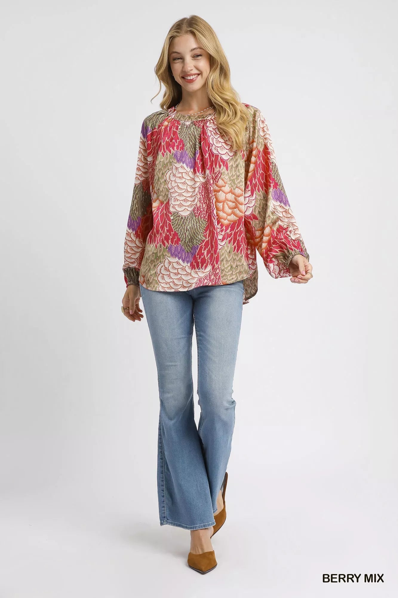 Umgee Boho Feather Print Peasant Blouse -  Be Bliss Boutique