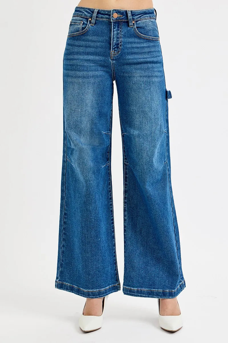 RISEN Full Size High Rise Wide Leg Patch Detailed Jeans Plus Size -  Be Bliss Boutique