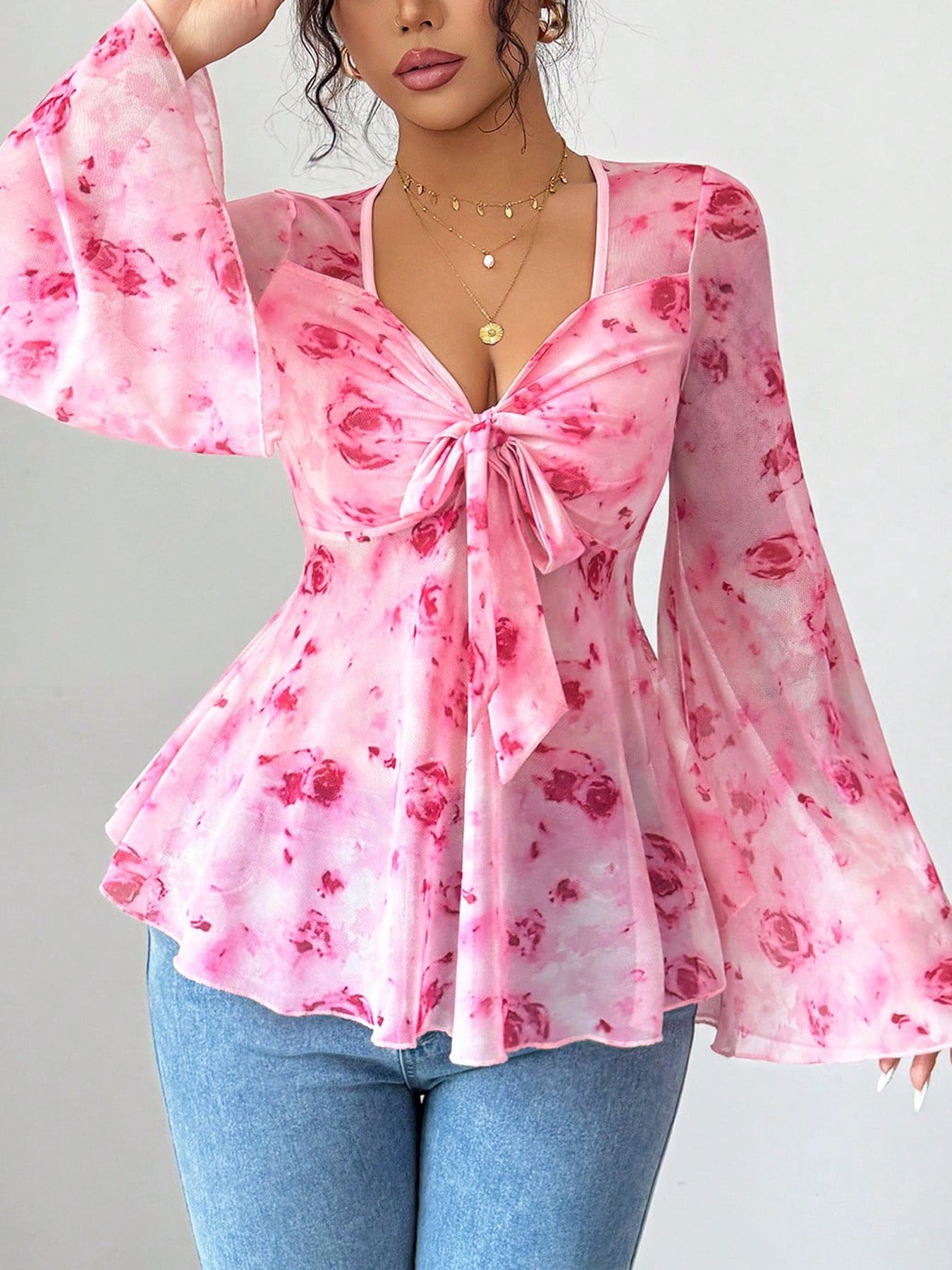 Floral Print Tie Front Chiffon Flare Sleeve Blouse - Be Bliss Boutique