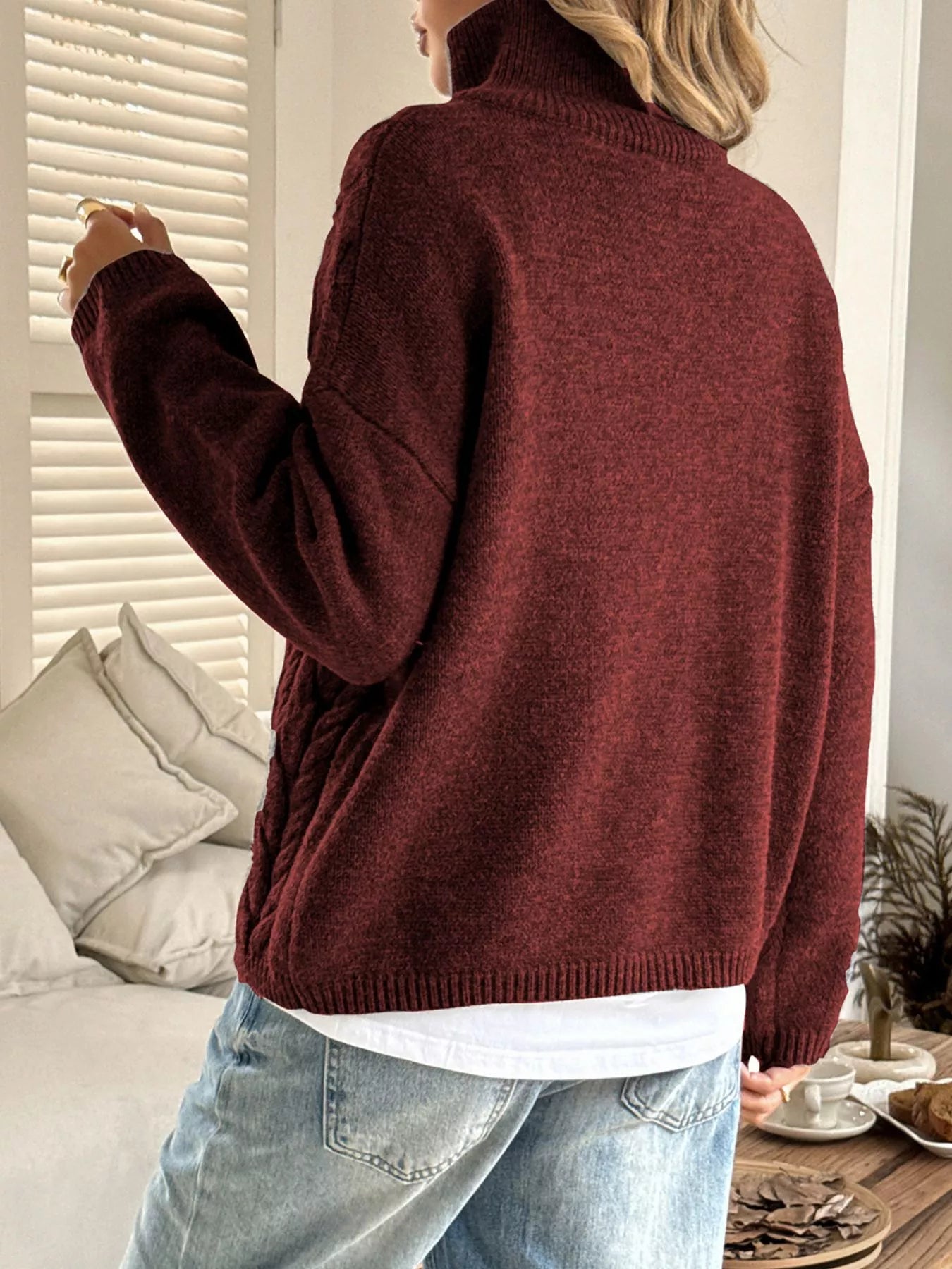 Zip Collar Cable-Knit Sweater -  Be Bliss Boutique