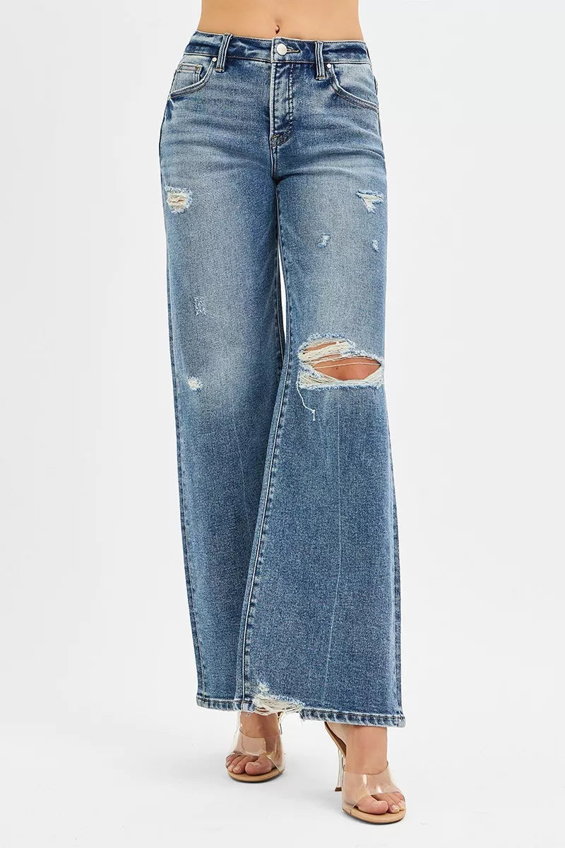 RISEN Tummy Control Mid Rise Fit Wide Jeans - Be Bliss Boutique