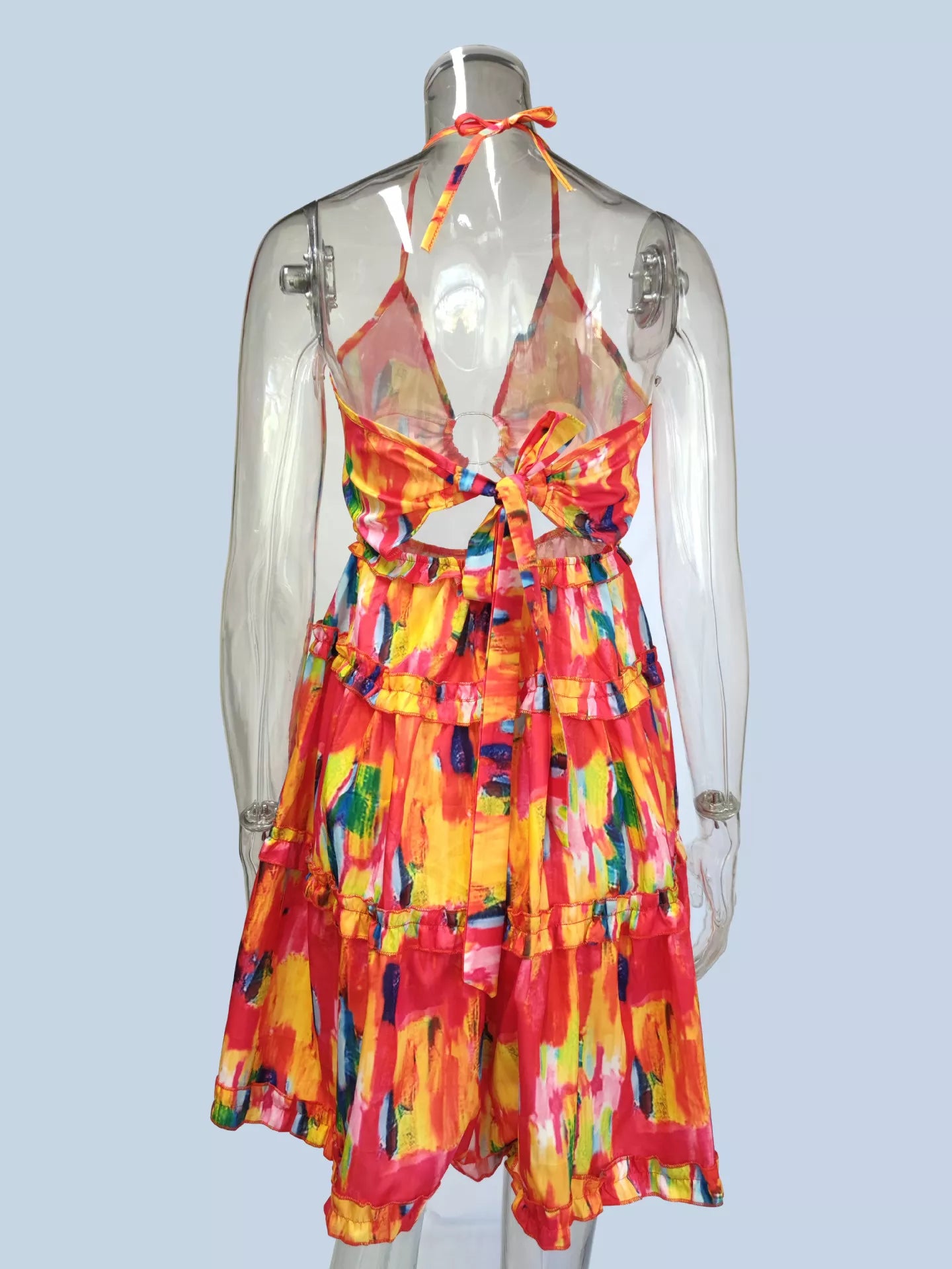 Colorful Print Halter Neck Ruffle Mini Dress - Be Bliss Boutique