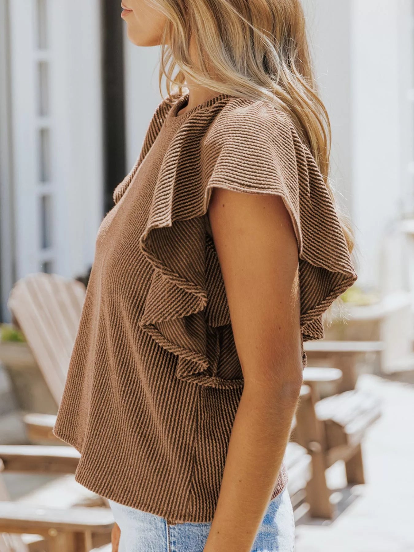 Full Size Ruffled Sleeve Ribbed Knit T Shirt - Be Bliss Boutique