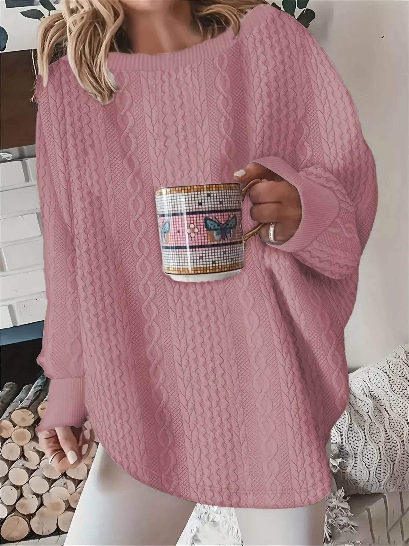 Oversized Textured Long Sleeve Sweatshirt -  Be Bliss Boutique