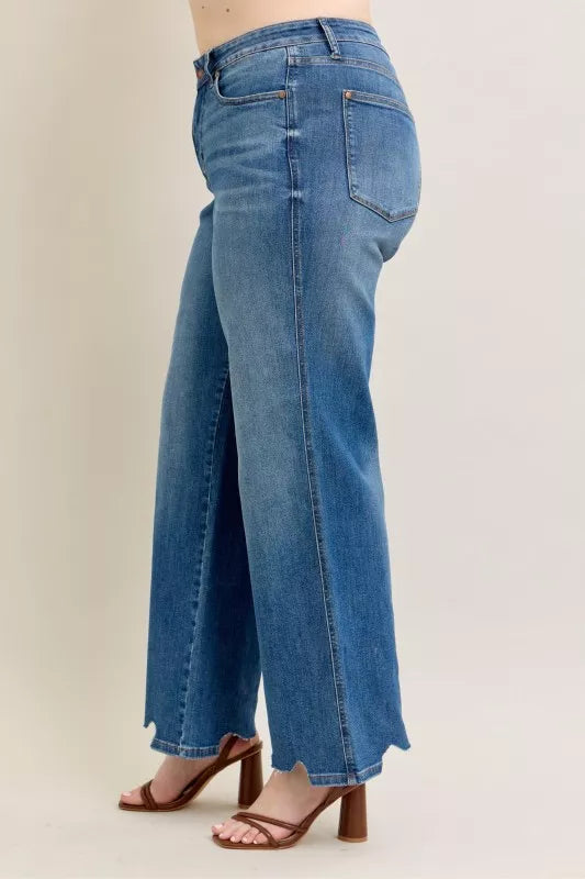 Judy Blue Full Size High Waist Tummy Control Chew Hem Destroy Wide Jeans Plus Size - Be Bliss Boutique