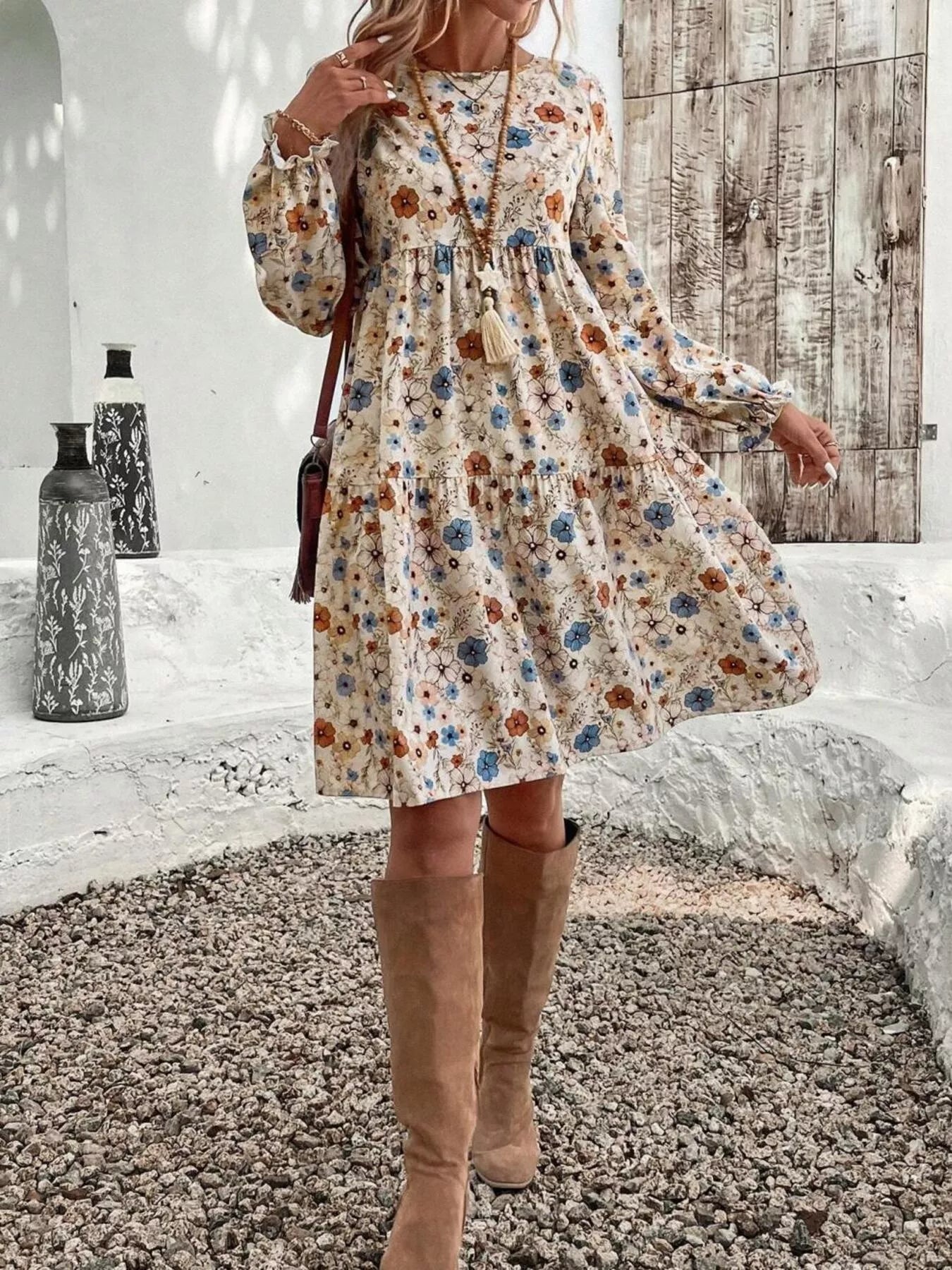 Floral Print Long Sleeve Tiered Dress -  Be Bliss Boutique