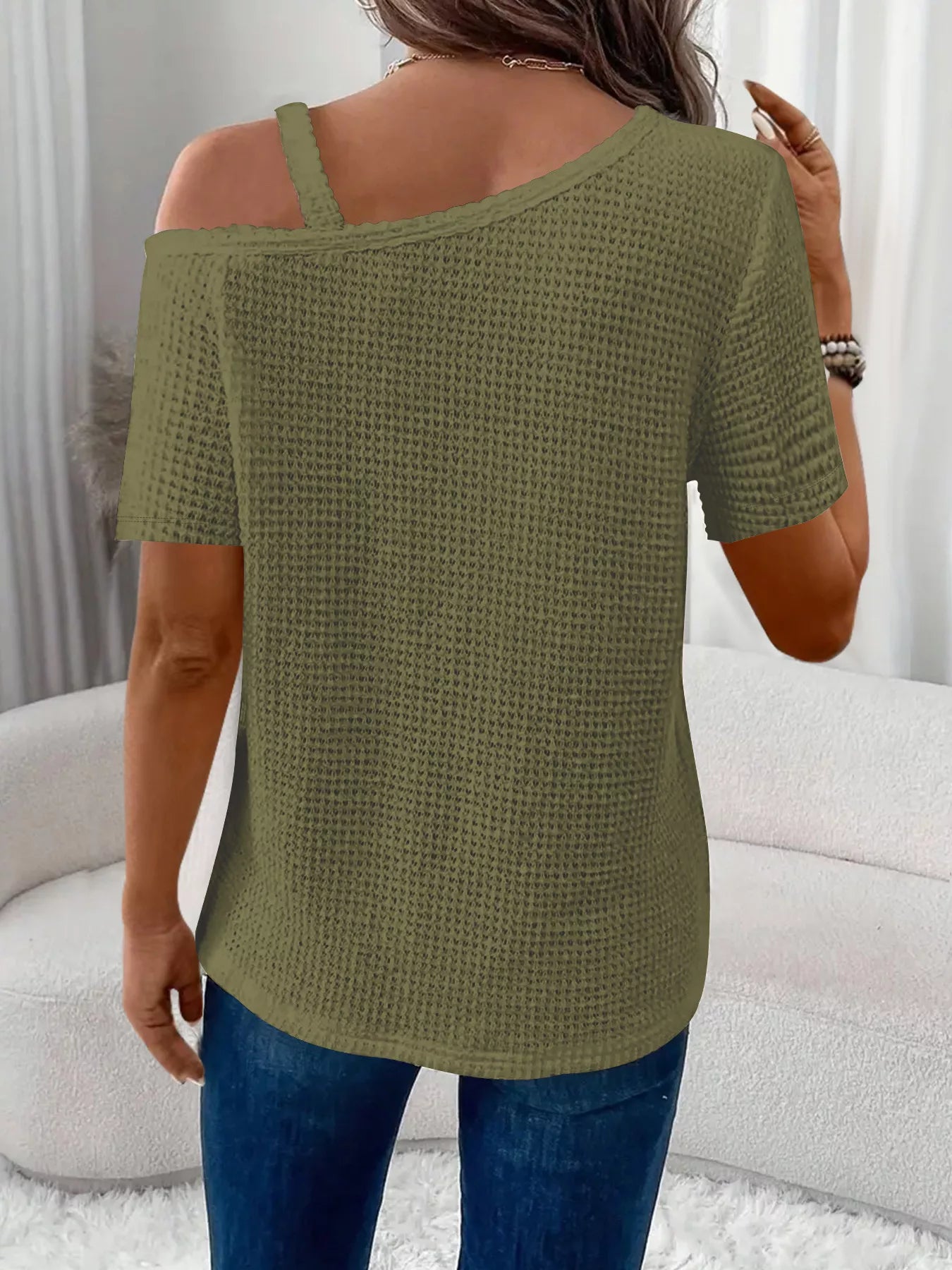 Chain Detail Waffle Knit One Shoulder T Shirt - Be Bliss Boutique