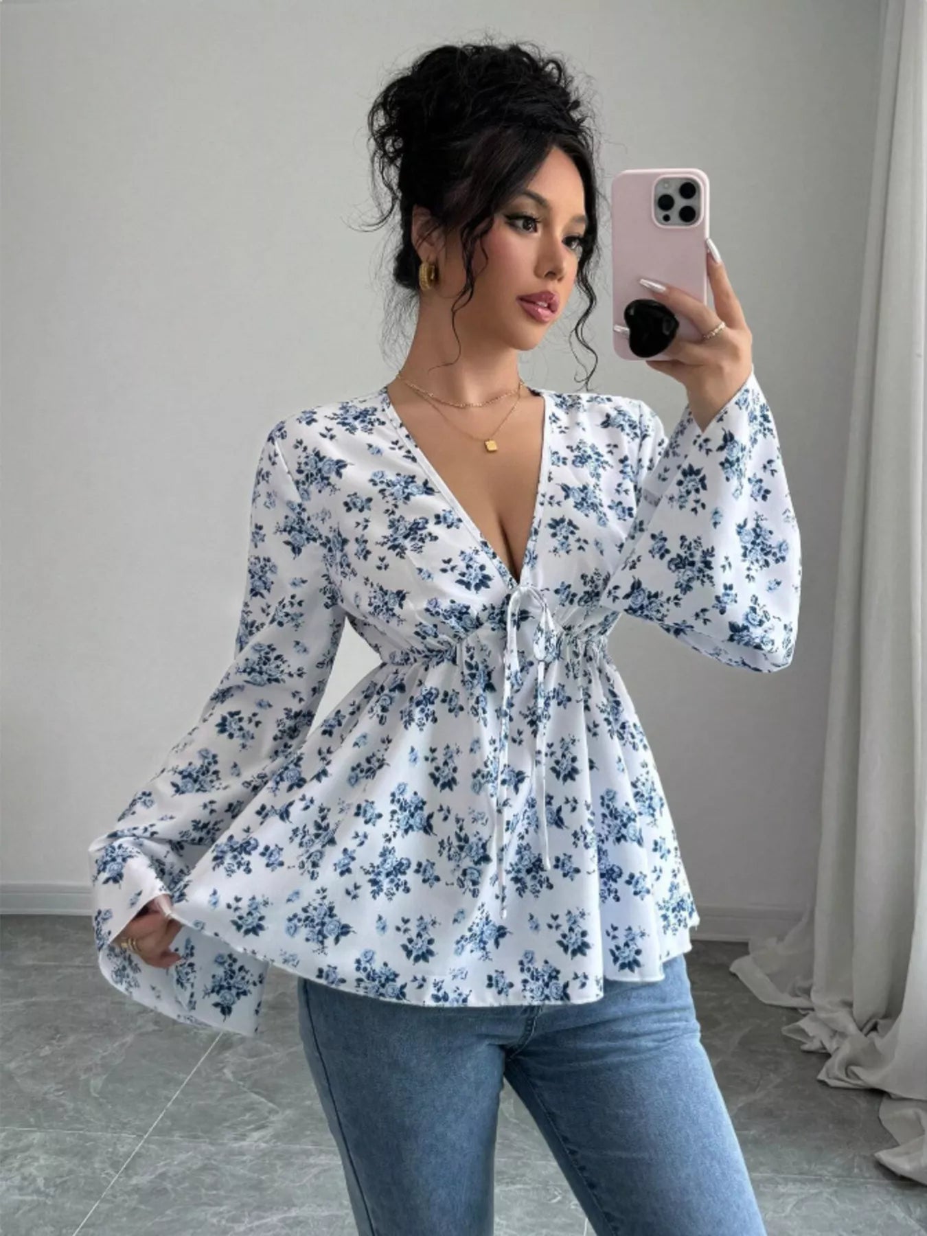Floral Print V-Neck Long Sleeve Blouse - Be Bliss Boutique