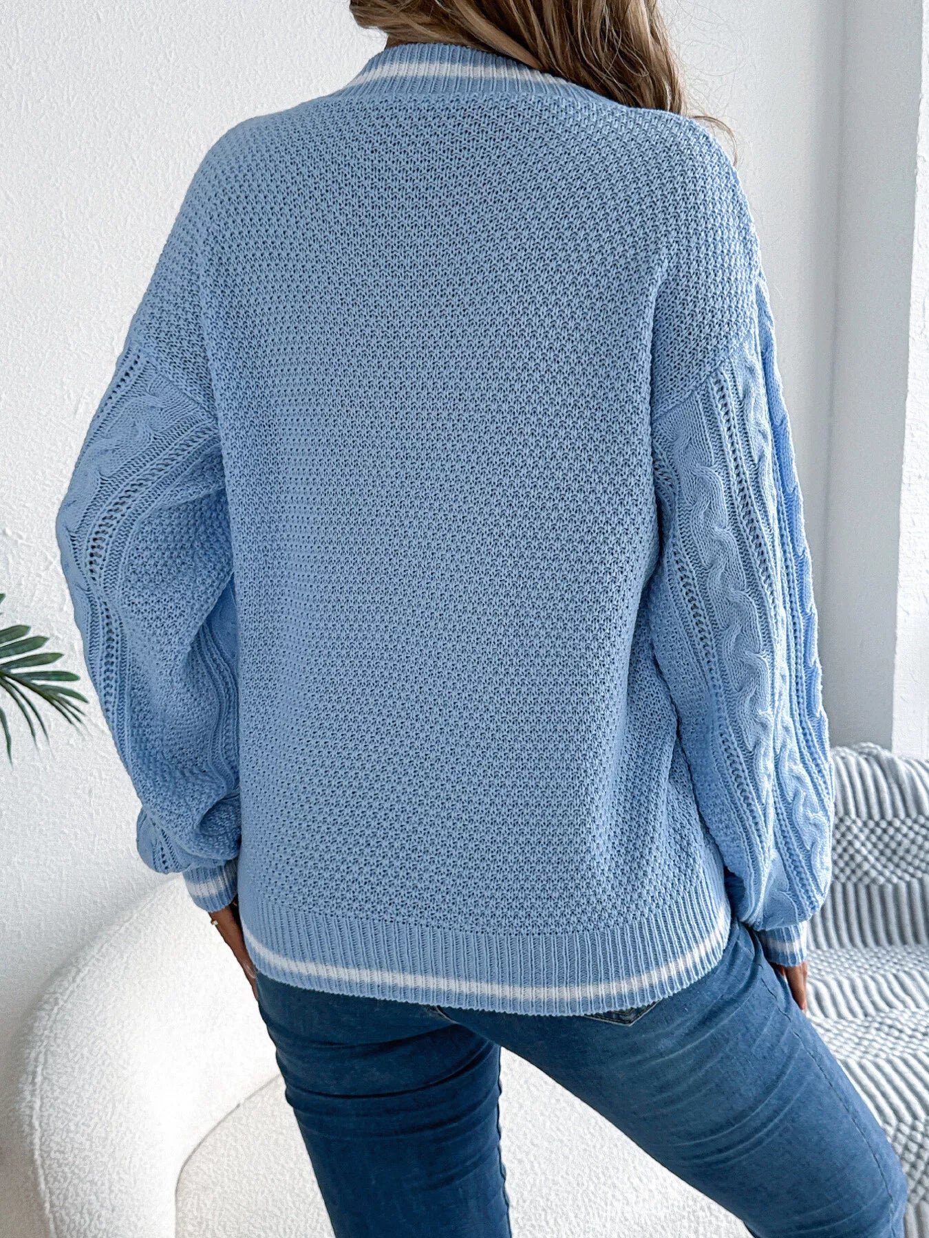 Cable Knit V-Neck Long Sleeve Sweater - Be Bliss Boutique