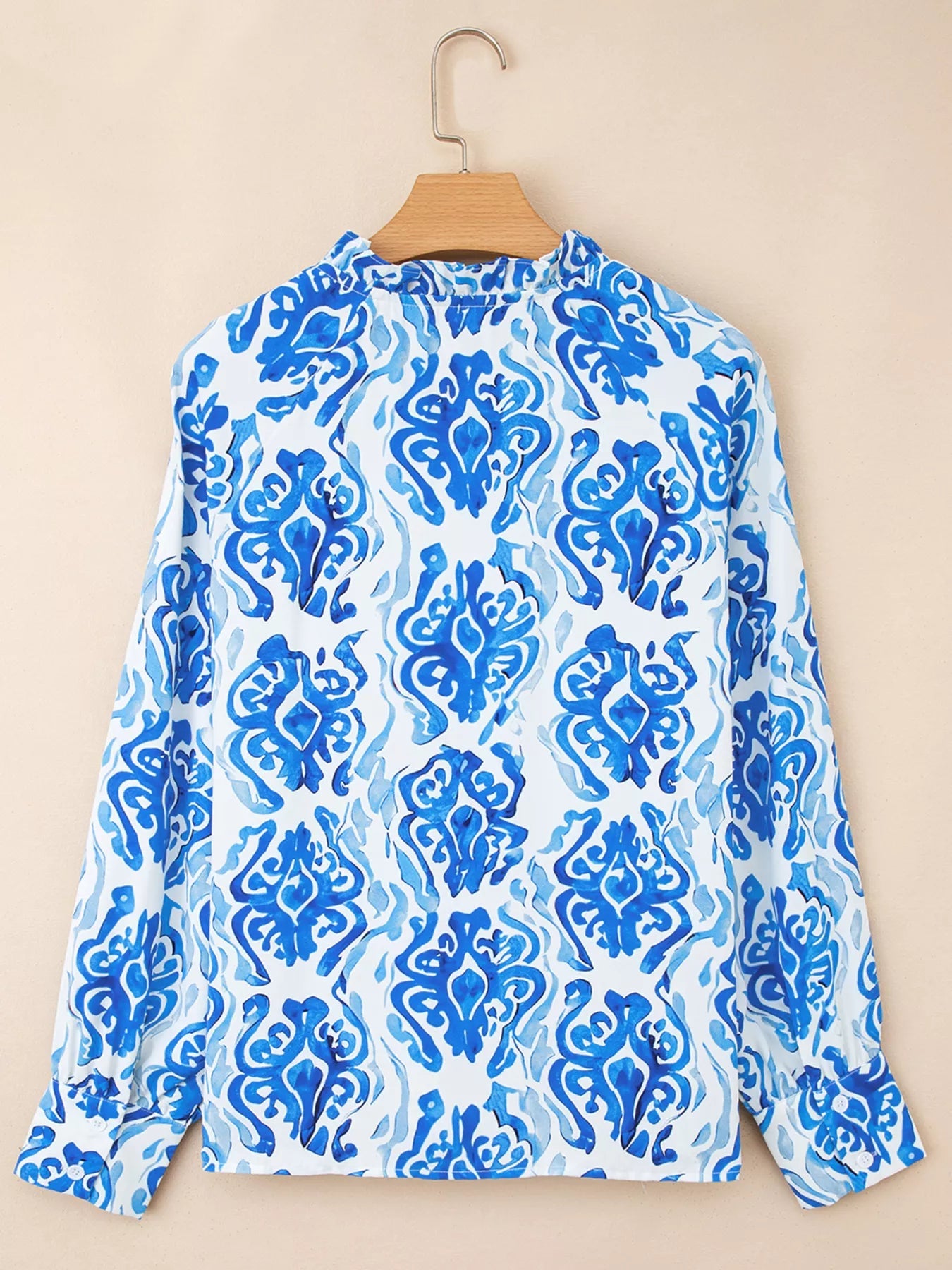 Printed Tie Split Neck Button Front Puff Sleeve Shirt -  Be Bliss Boutique