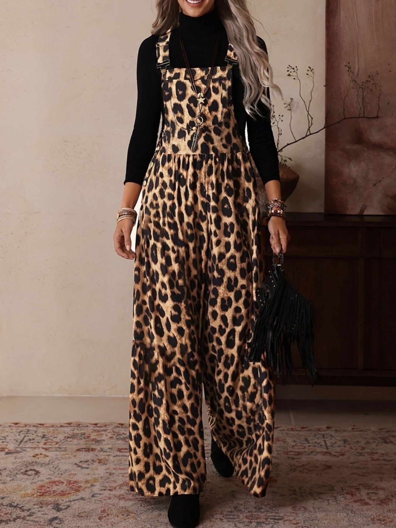Leopard Print Wide Leg Overalls - Be Bliss Boutique
