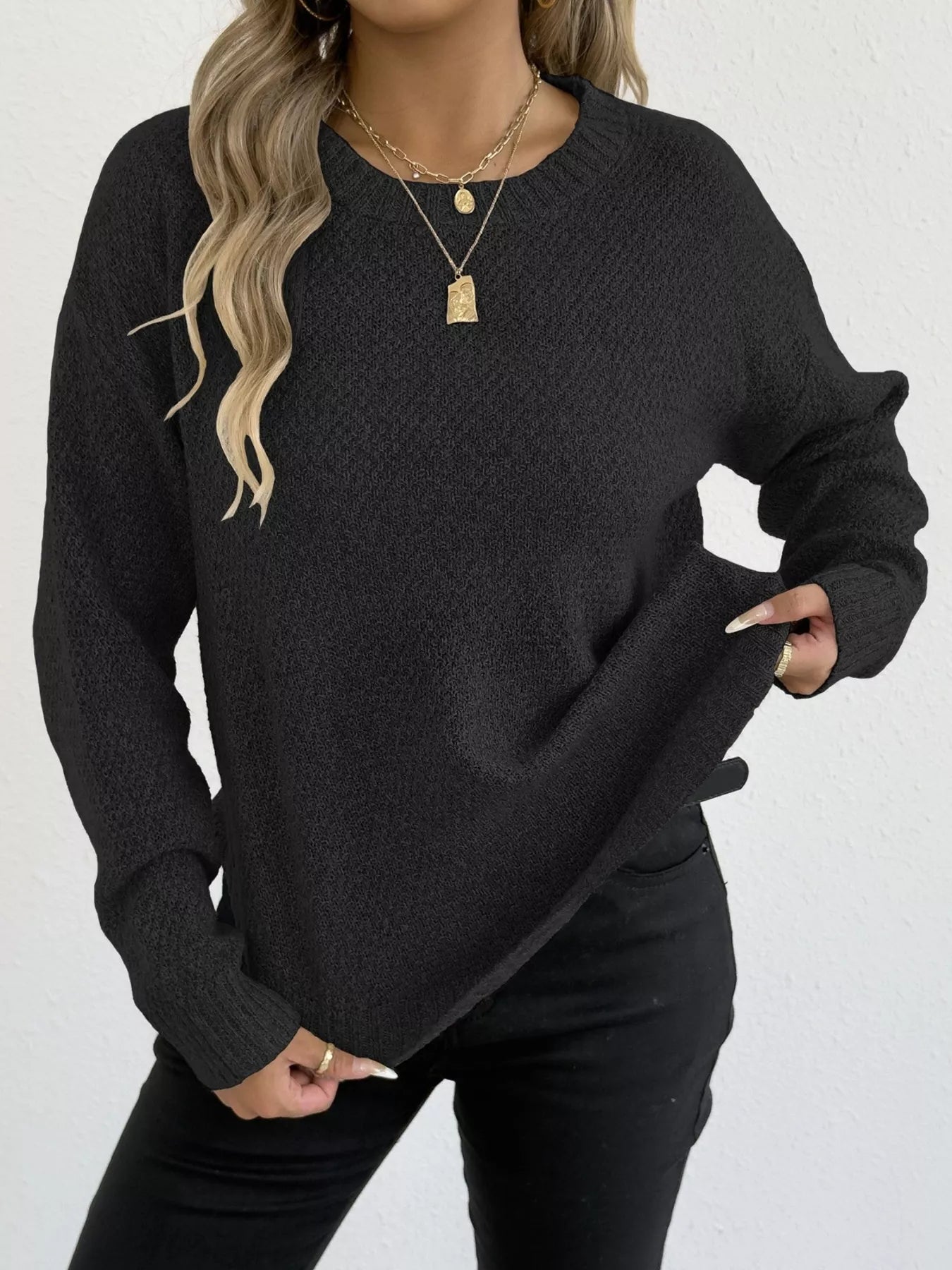 Round Neck Textured Knit Relaxed Fit Sweater - Be Bliss Boutique