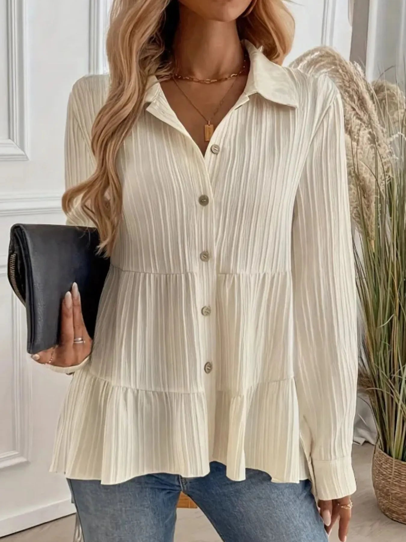 Striped Button-Down Tiered Shirt -  Be Bliss Boutique
