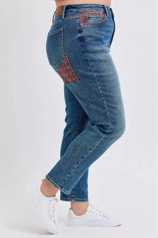 Judy Blue Full Size/Plus Size High Waist Plaid Patch Slim Fit Jeans | Be Bliss Boutique