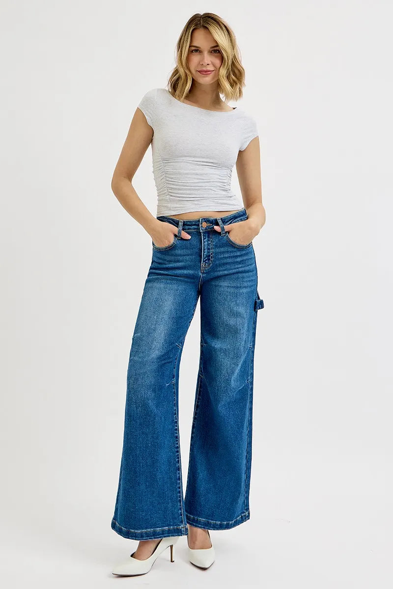 RISEN Full Size High Rise Wide Leg Patch Detailed Jeans Plus Size -  Be Bliss Boutique