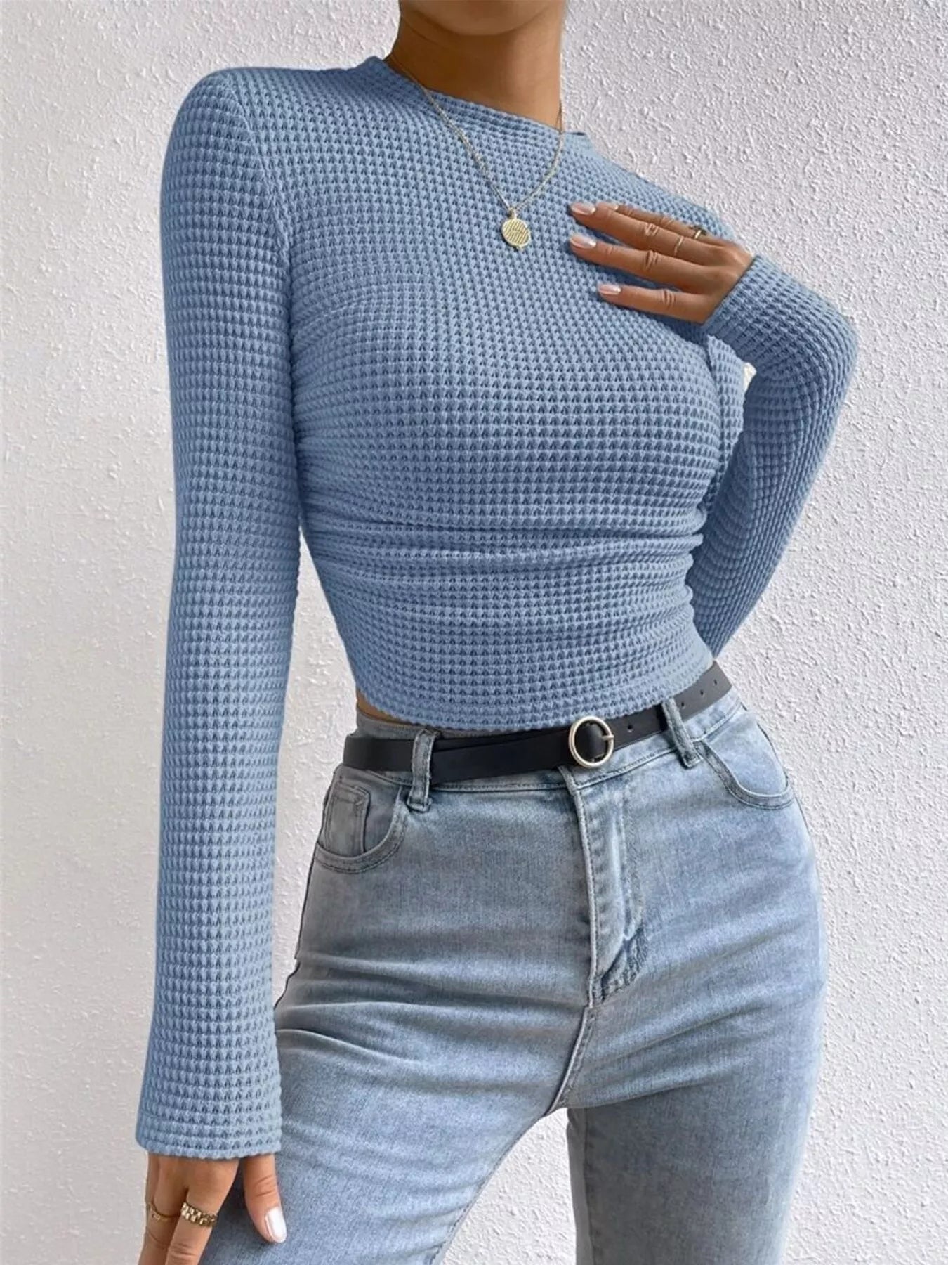 Waffle Knit Long Sleeve T-Shirt - Be Bliss Boutique