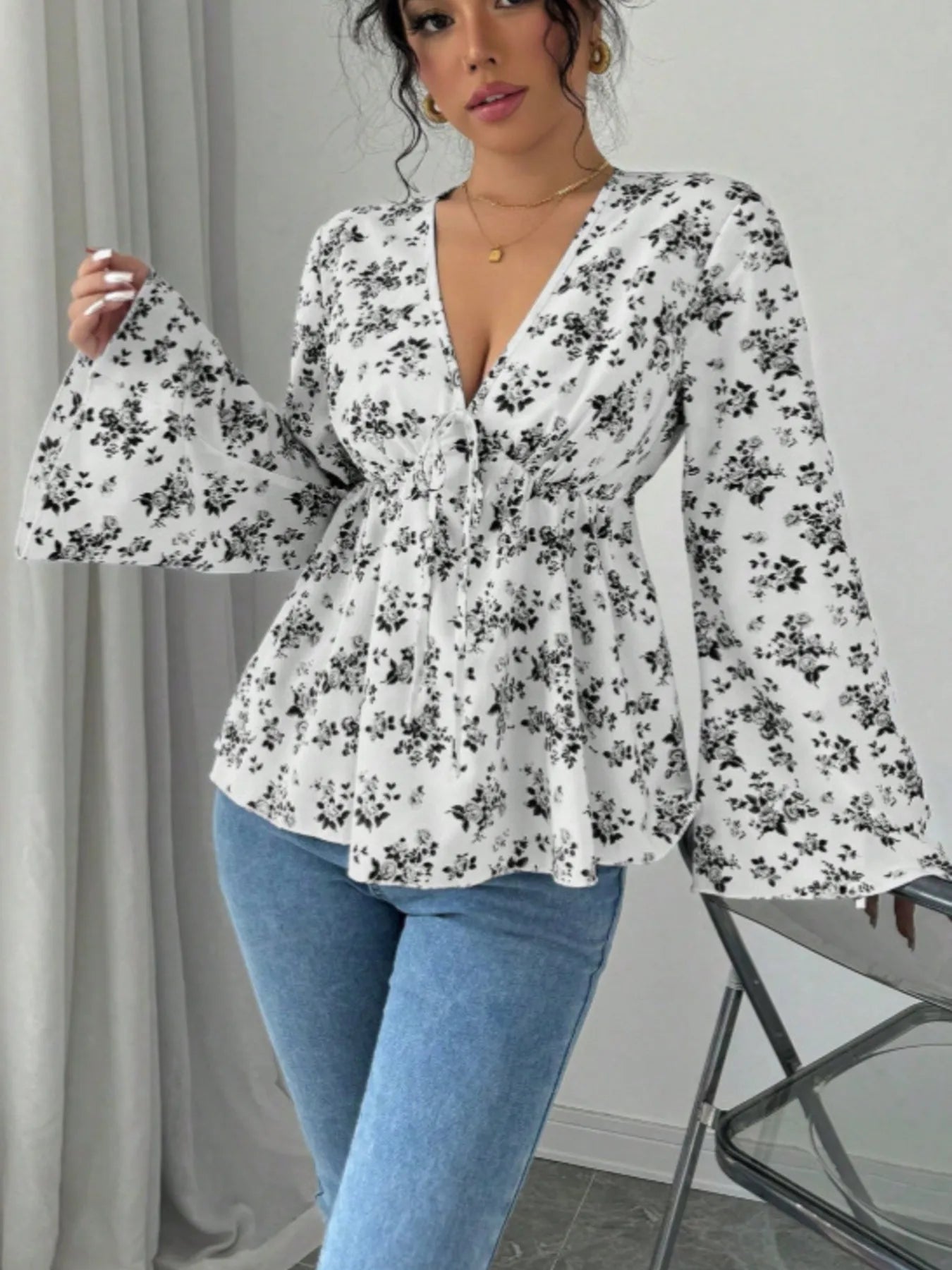 Floral Print V-Neck Long Sleeve Blouse - Be Bliss Boutique