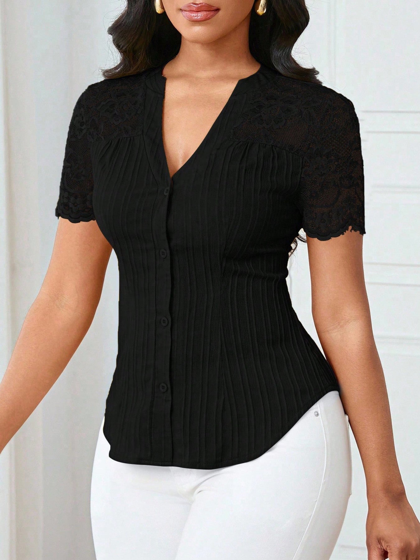 Button Up Lace Sleeve Blouse - Be Bliss Boutique