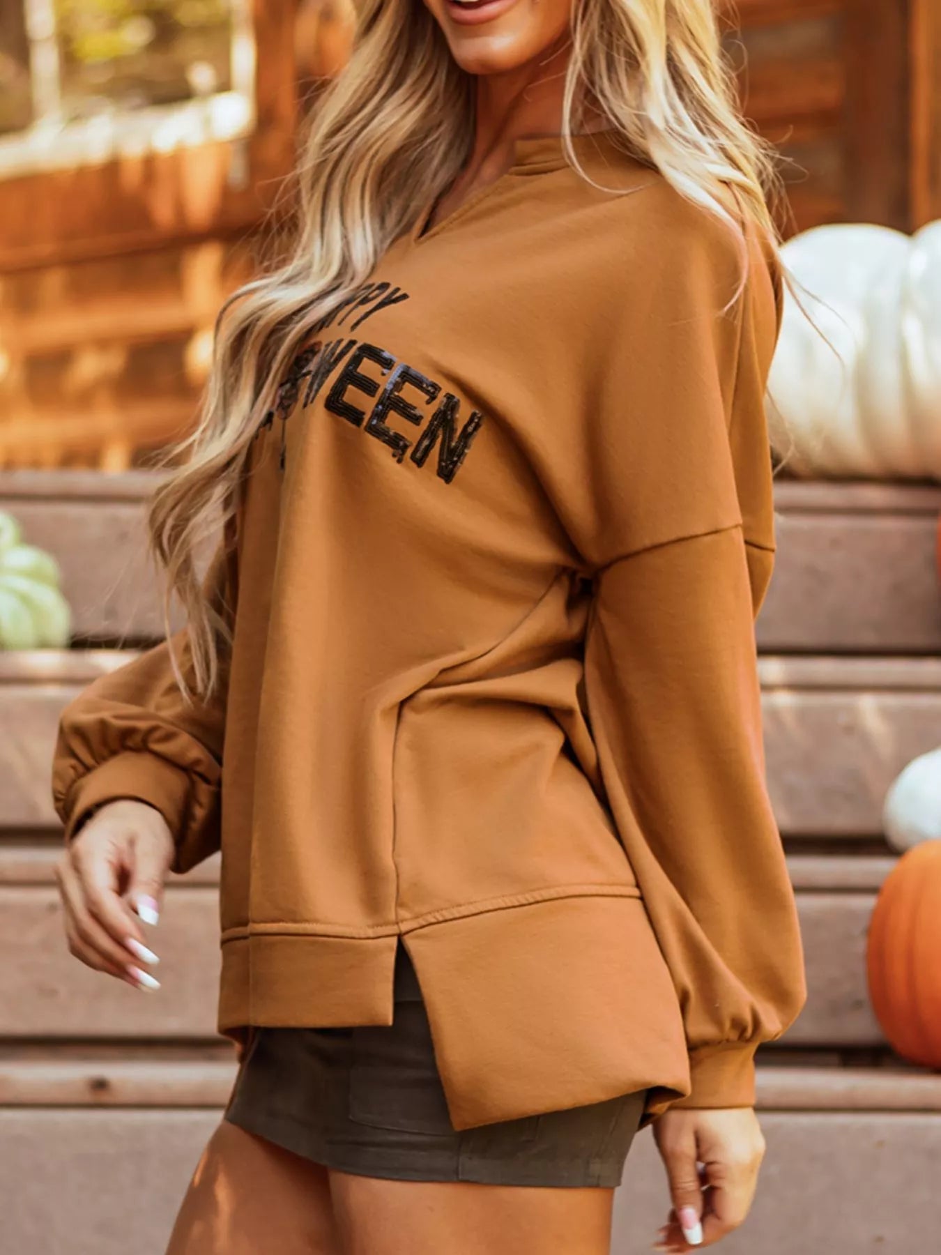 Happy Halloween Graphic Notched Long Sleeve Loose Top -  Be Bliss Boutique