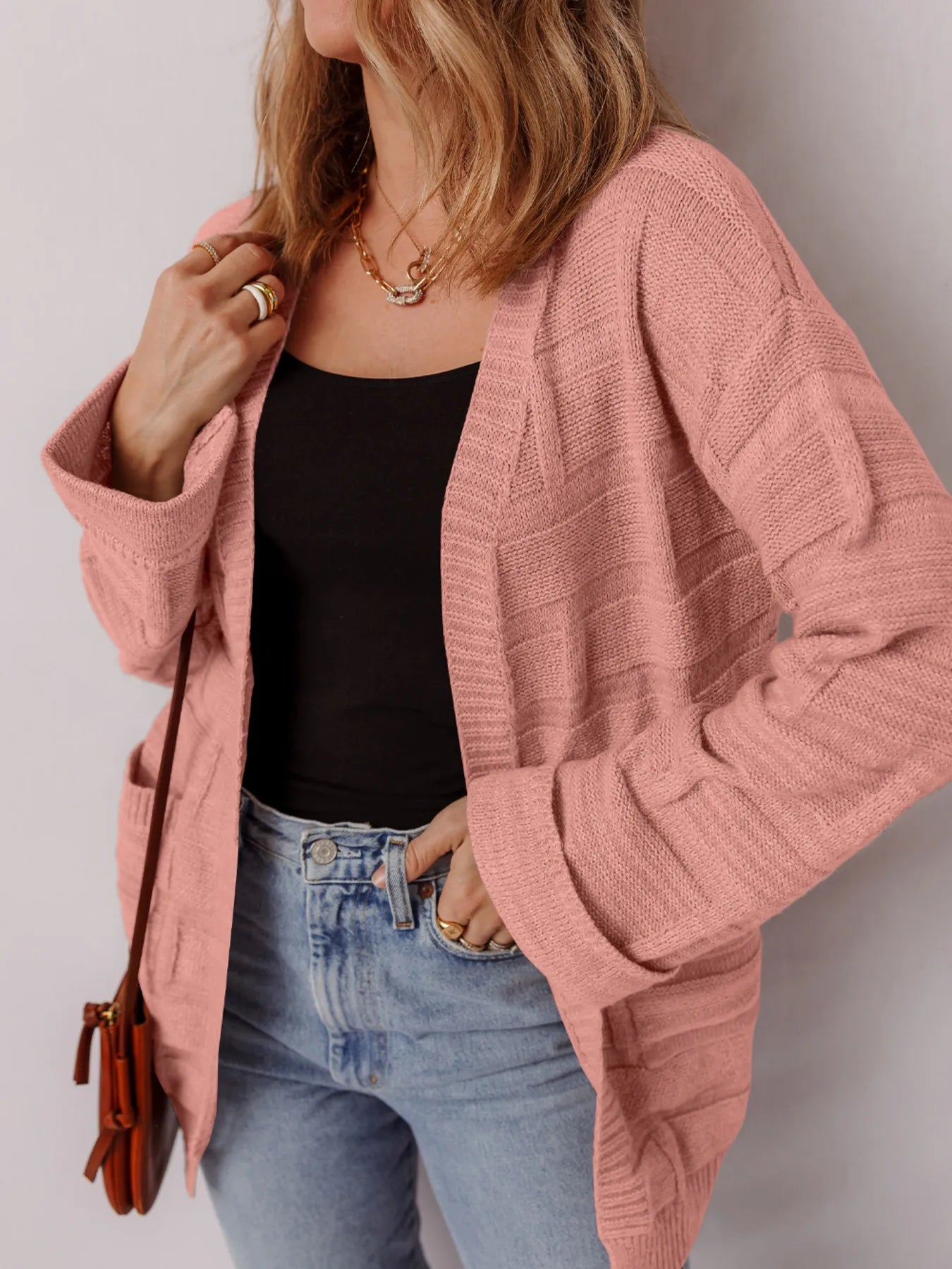 Textured Knit Open Front Cardigan with Pockets -  Be Bliss Boutique