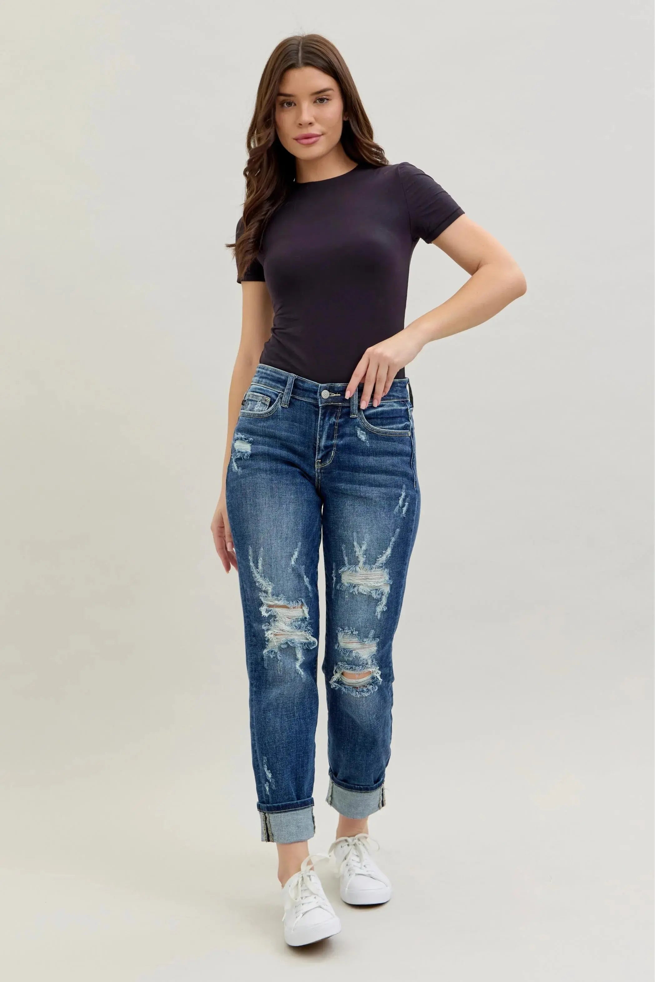 Judy Blue Full Size / Plus Size Mid Rise Cuffed Destroy Boyfriend Jeans |  Be Bliss Boutique